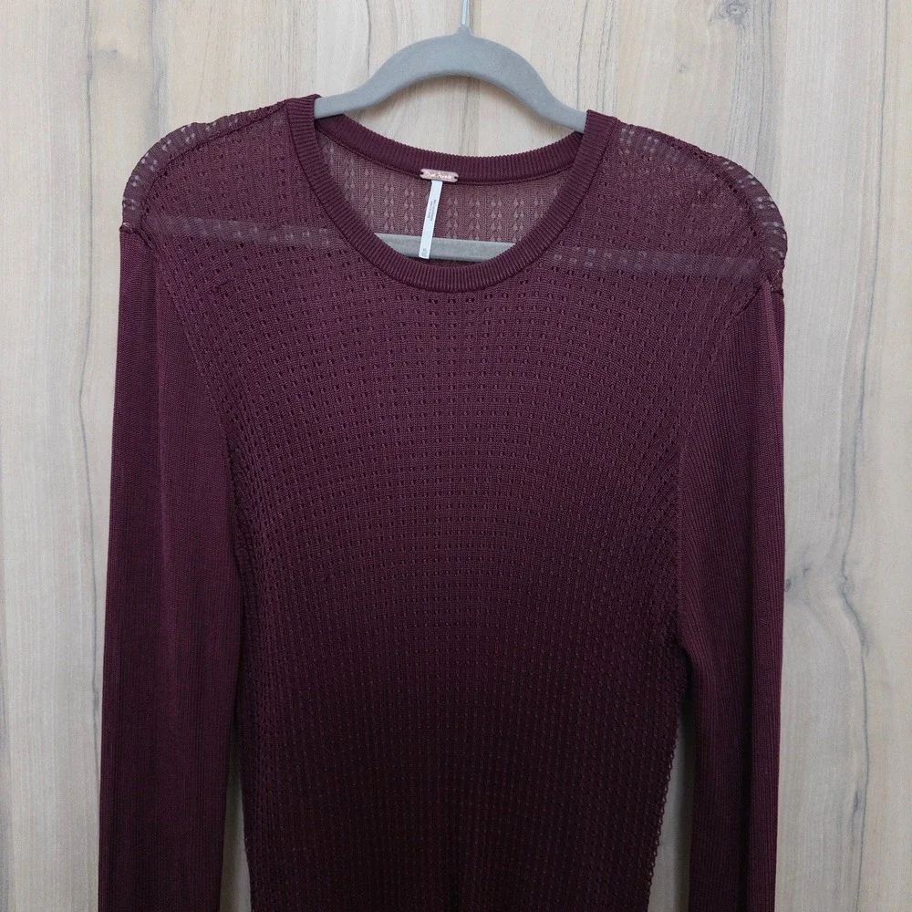Free People H2O Crew Pullover Sheer Long Sleeve Top XL Burgundy Open Knit Layer